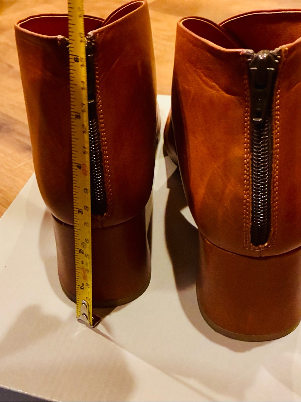 Miz Mooz Caramel Tan Leather Peep-Toe Block Heel Zip Back Booties size 41 - Picture 7 of 8